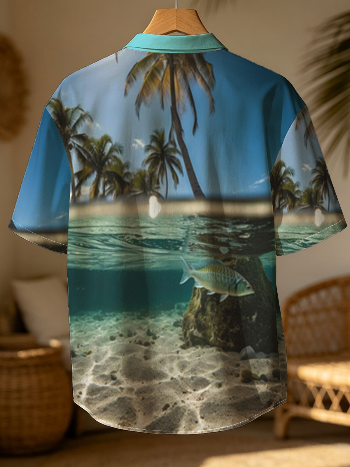 Tropical paradise with palm trees and a fish swimming underwater -  Shirt