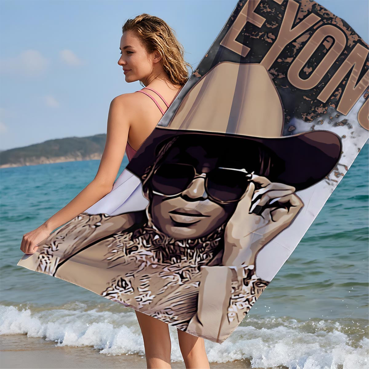 Beyoncé in Cowboy Hat and Sunglasses Artwork - Beach towels