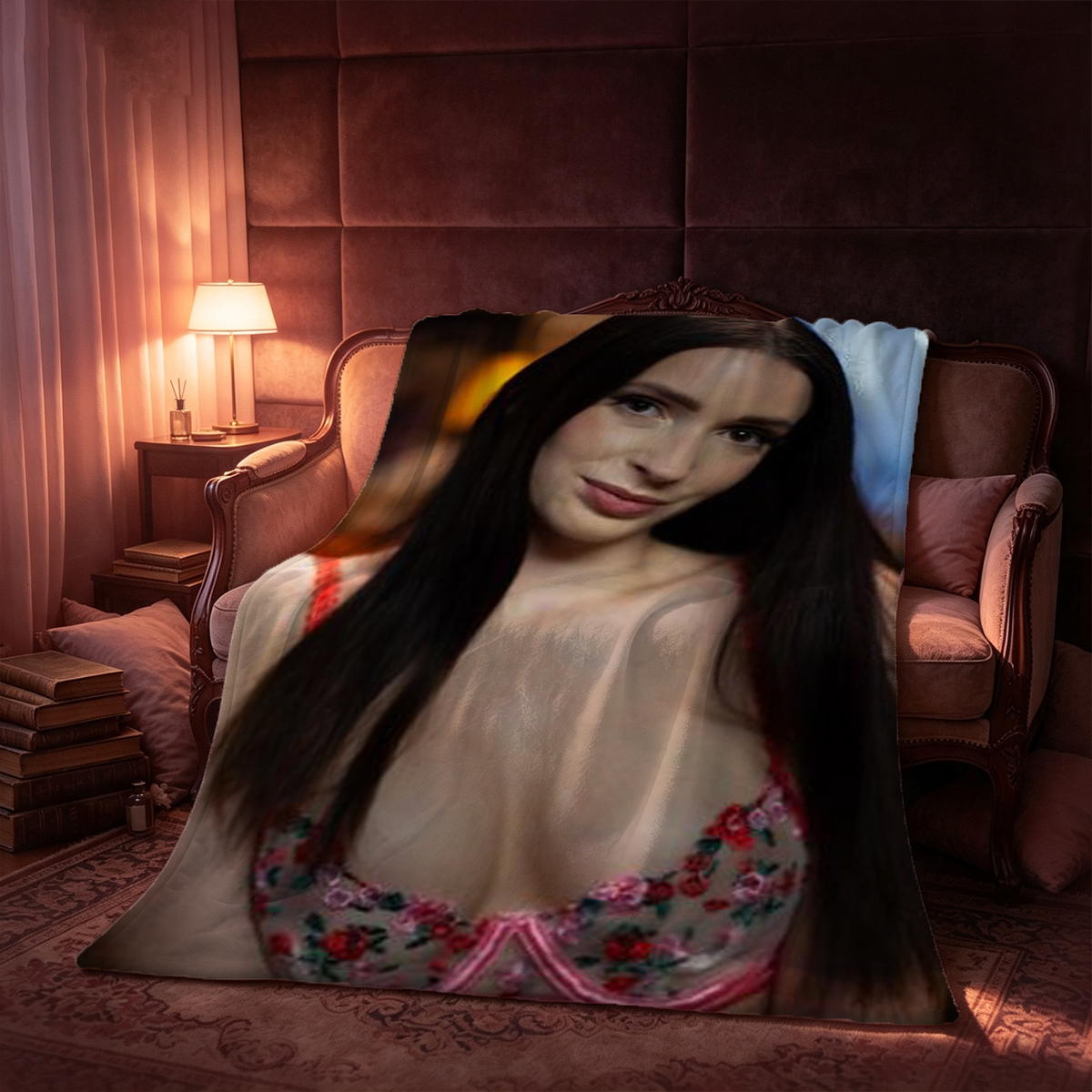 A woman in a blue cut-out swimsuit kneeling seductively in a luxury bathroom. - Blanket