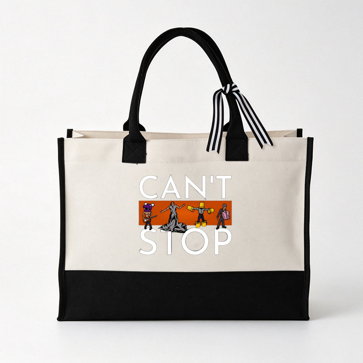 Can't Stop: Hippo Guitarist, Dancer, Bucket Man, and Pink Jacket Guy - Canvas patchwork gift tote bag