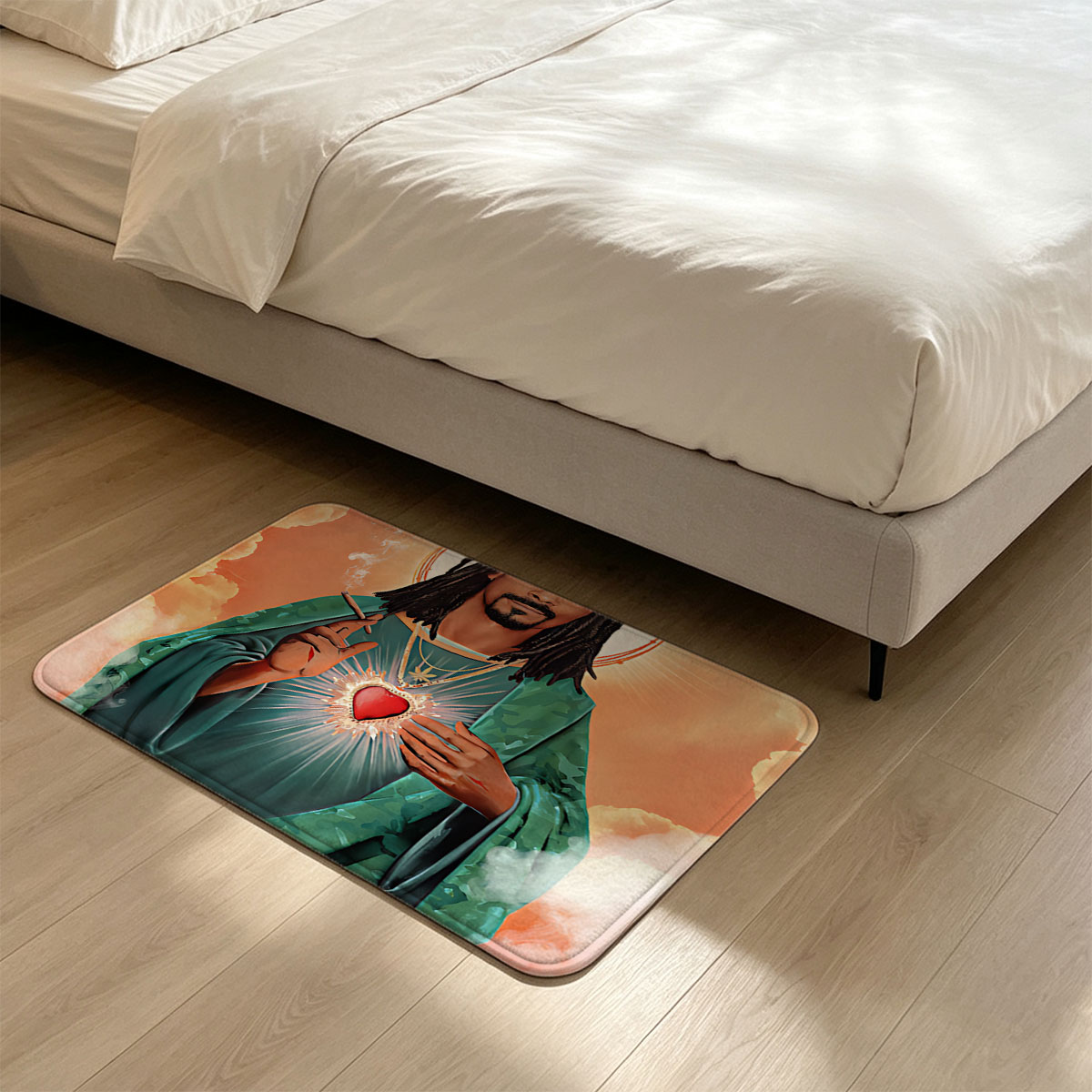 Snoop Dogg as Sacred Heart Saint, Holding Cigarette with Divine Halo and Radiant Heart - Flannel floor mat