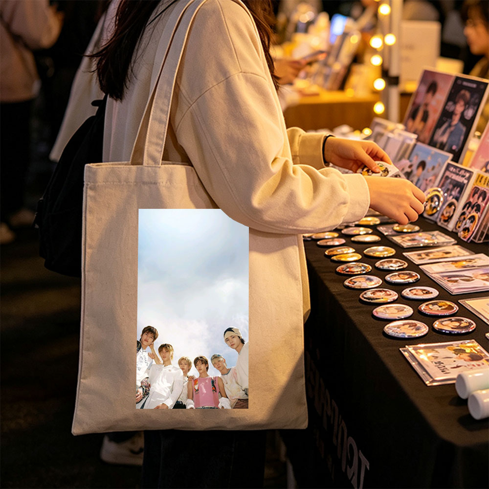 TXT Members Standing Together Under a Bright Sky in Casual Outfits - Canvas tote bags