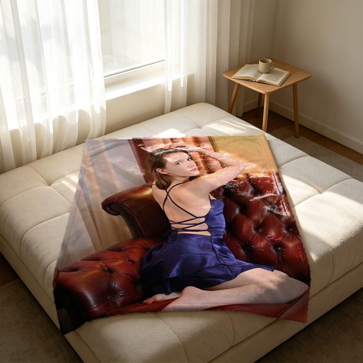 Beautiful Asian woman with long blonde hair, topless in white lace panties, reclining on vintage chaise lounge. - Blanket