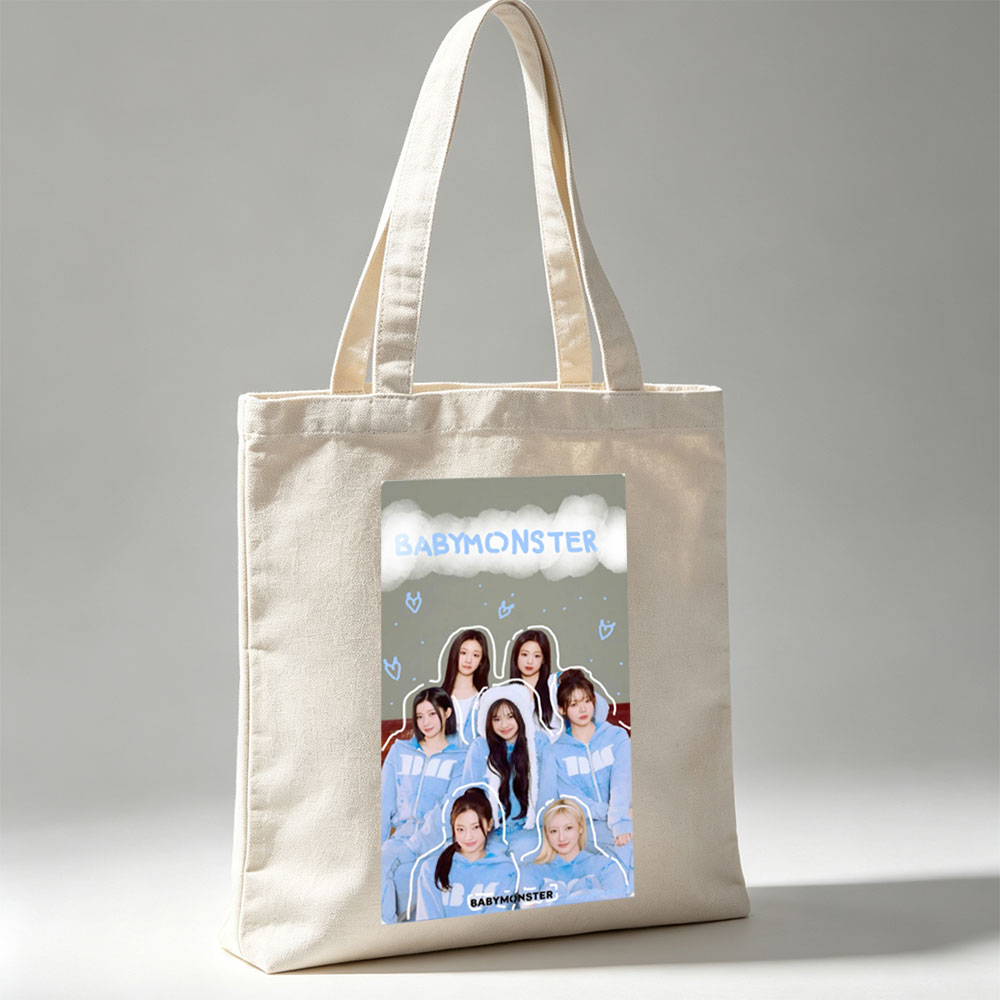BABYMONSTER Group Photo in Matching Blue Hoodies with Cloud and Heart Design Background - Canvas tote bags