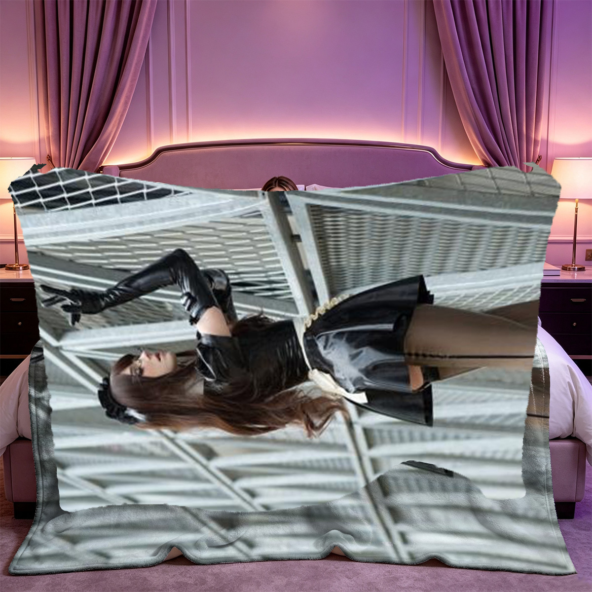 Japanese Actress in Black Sheer Lingerie by Window - Blanket