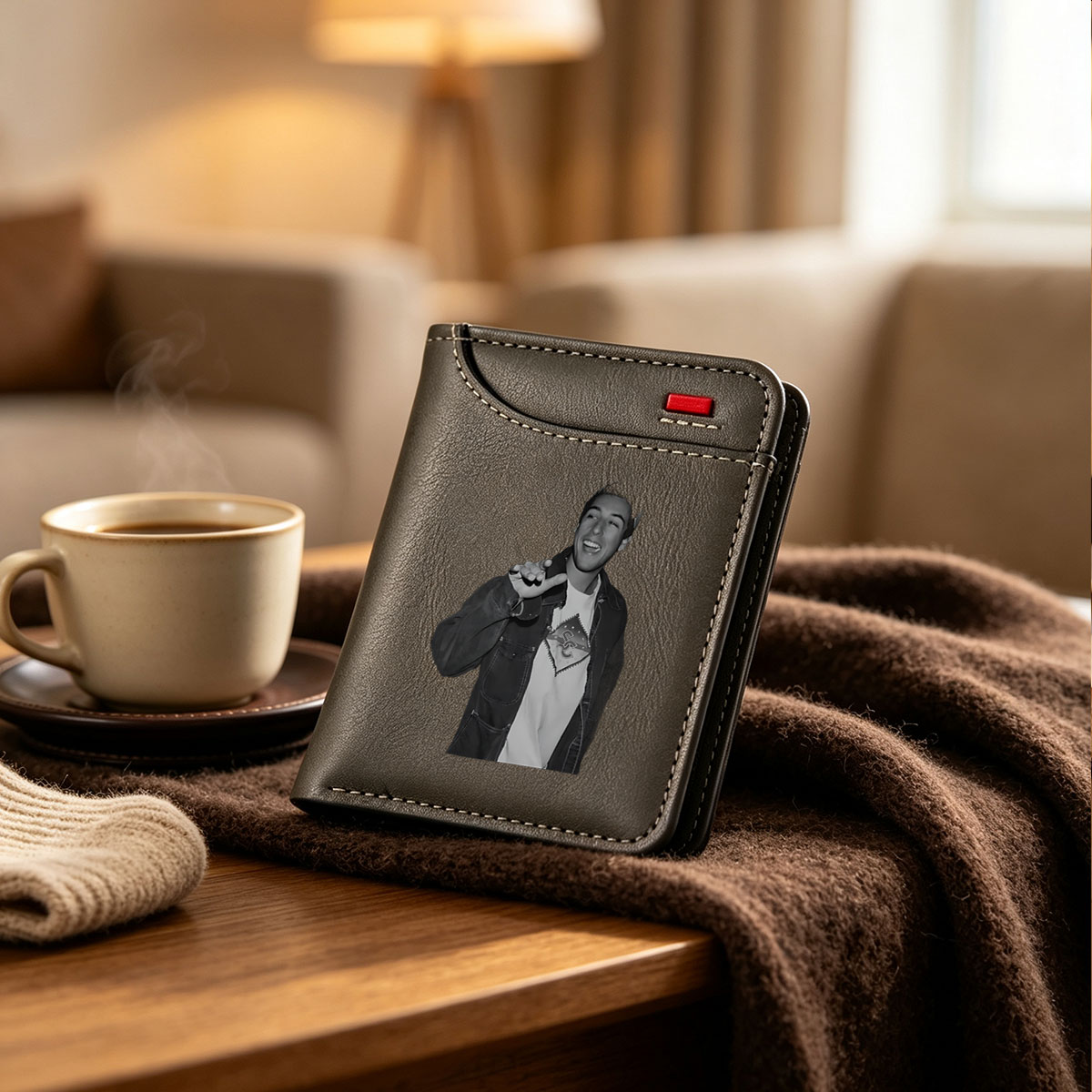 Man in Denim Jacket and T-Shirt Smiling with Hand Gesture - Vertical Style Wallet