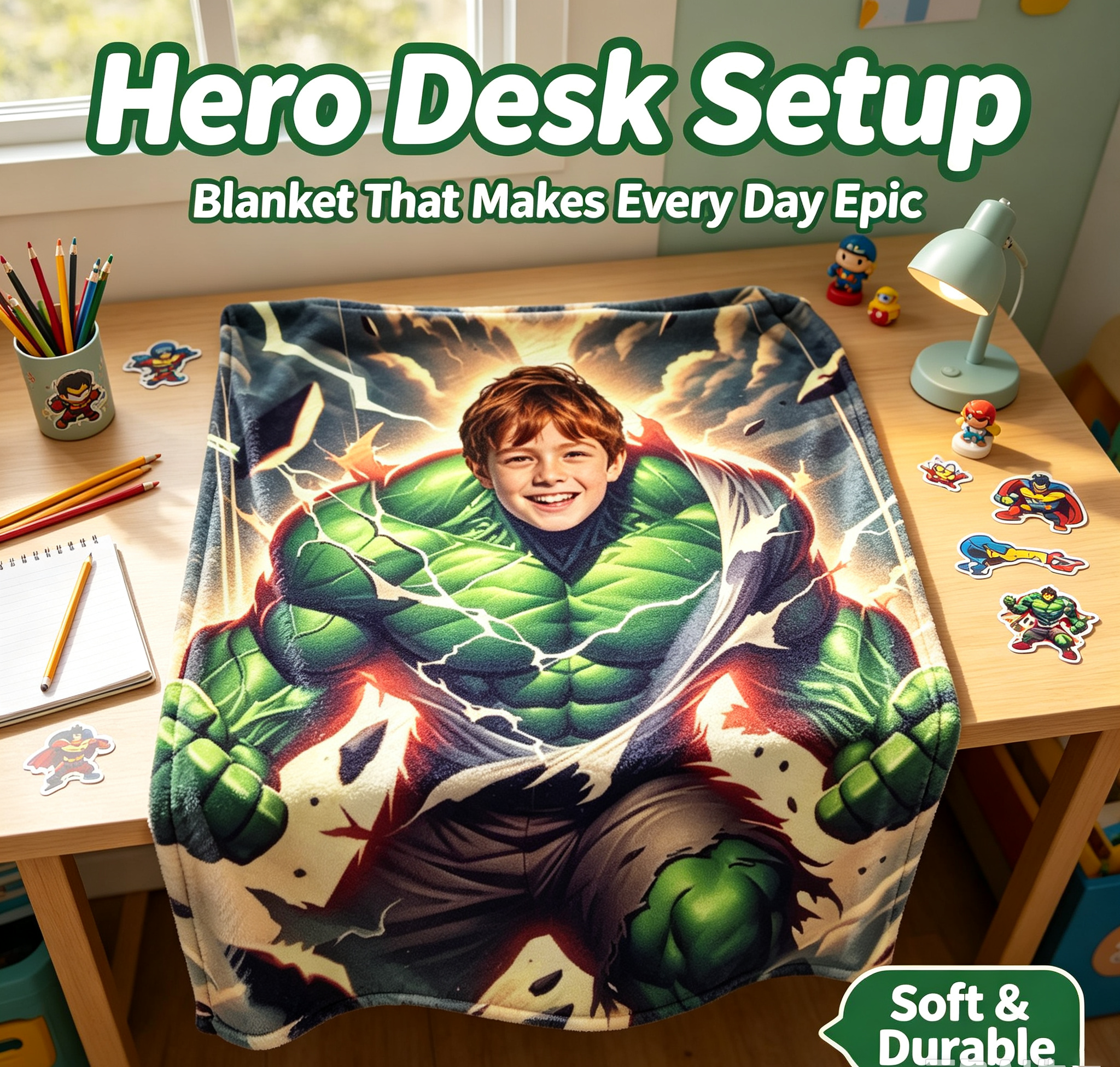 Custom Incredible Hulk Personalized Photo Flannel Blanket, Upload Kid Face Superhero 280GSM Throw Blanket, Unique Birthday Gift for Boys