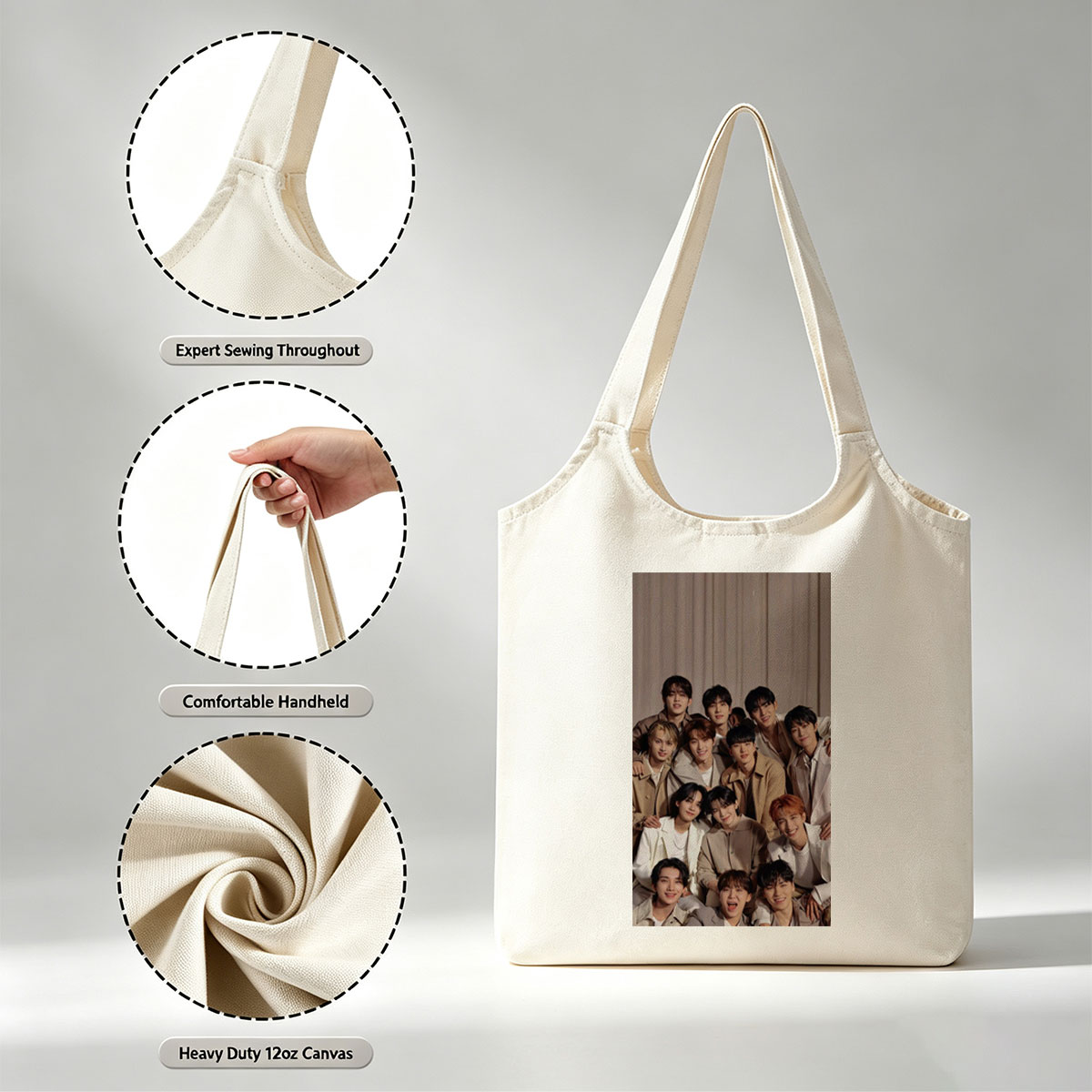 SEVENTEEN Group Photo in Coordinated Beige Outfits Posing Together for a Warm and Stylish Portrait - Canvas shoulder bags/