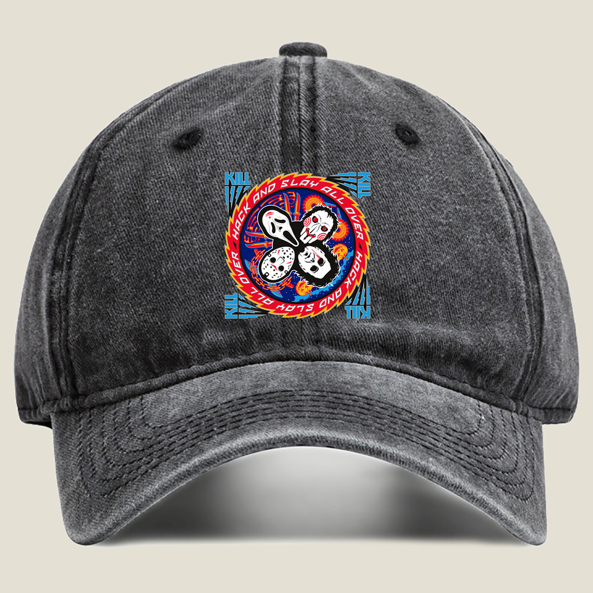 Halloween Horror Icons: Michael Myers, Ghostface, Leatherface, and Jigsaw - Washed Denim - Baseball Cap