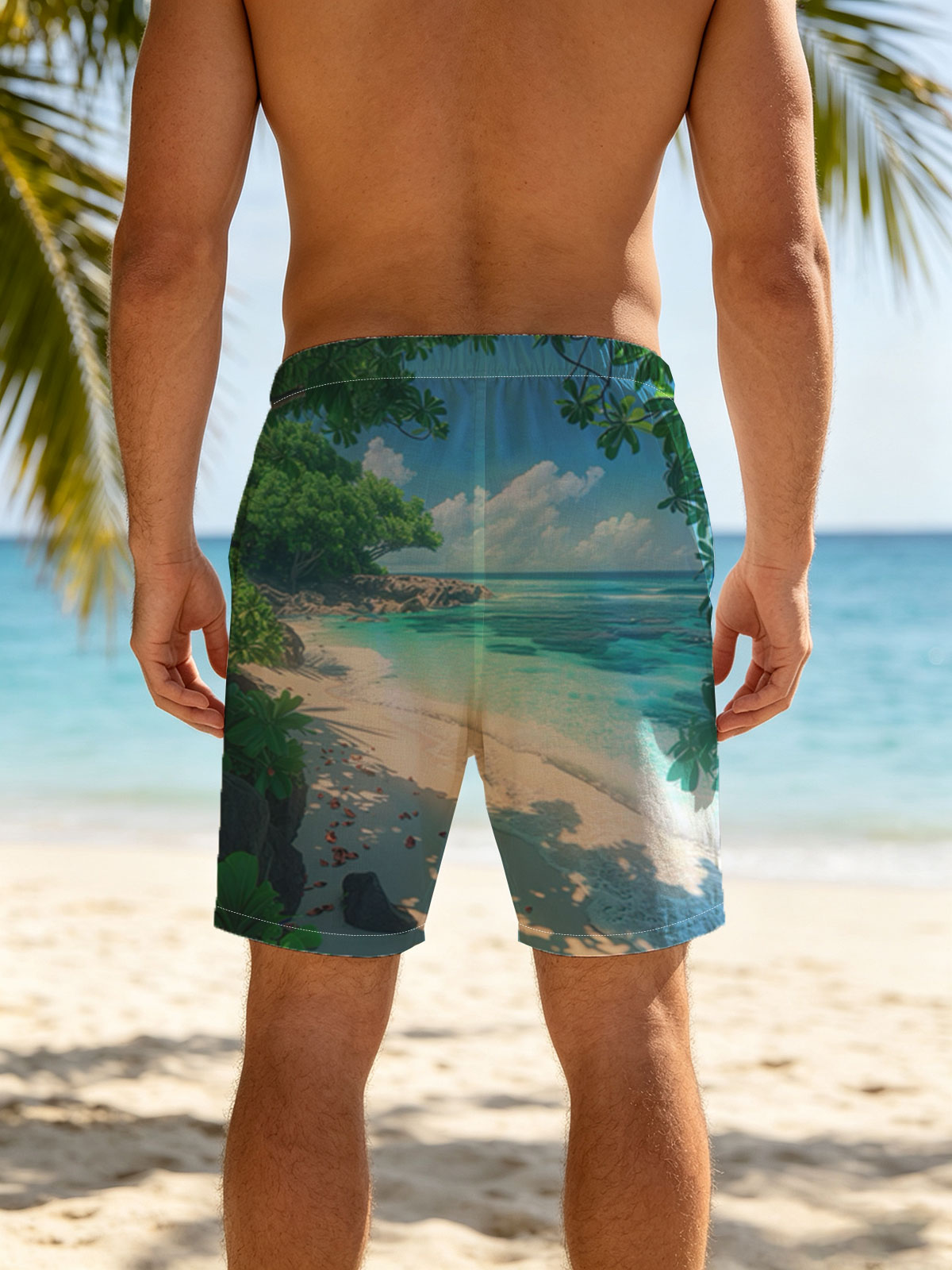 Tropical Beach with Crystal Clear Water and Lush Greenery -  Beach shorts