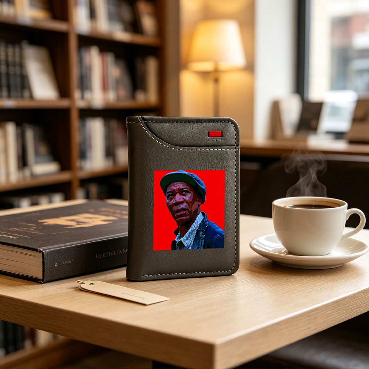Morgan Freeman in a blue cap and jacket against a red background - Vertical Style Wallet