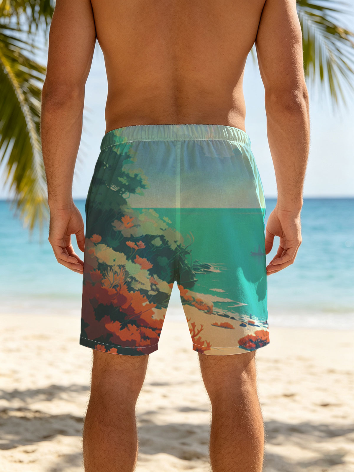 Colorful coastal landscape with vibrant flora and a distant ship on turquoise waters. -  Beach shorts