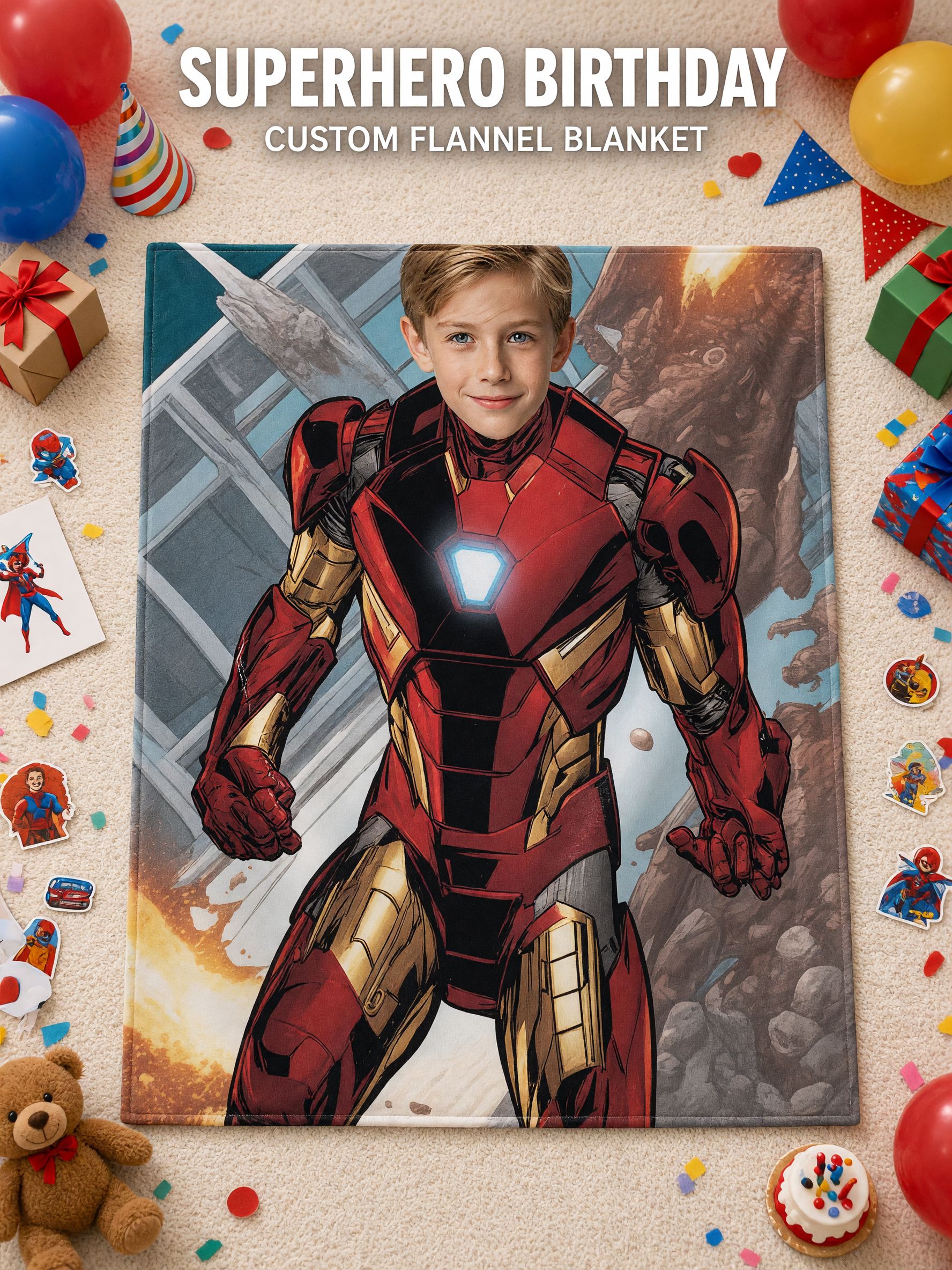 Custom Face Superhero Flannel Blanket, Personalized Photo Plush Throw for Kids and Adults, Cozy Bed and Couch Gift