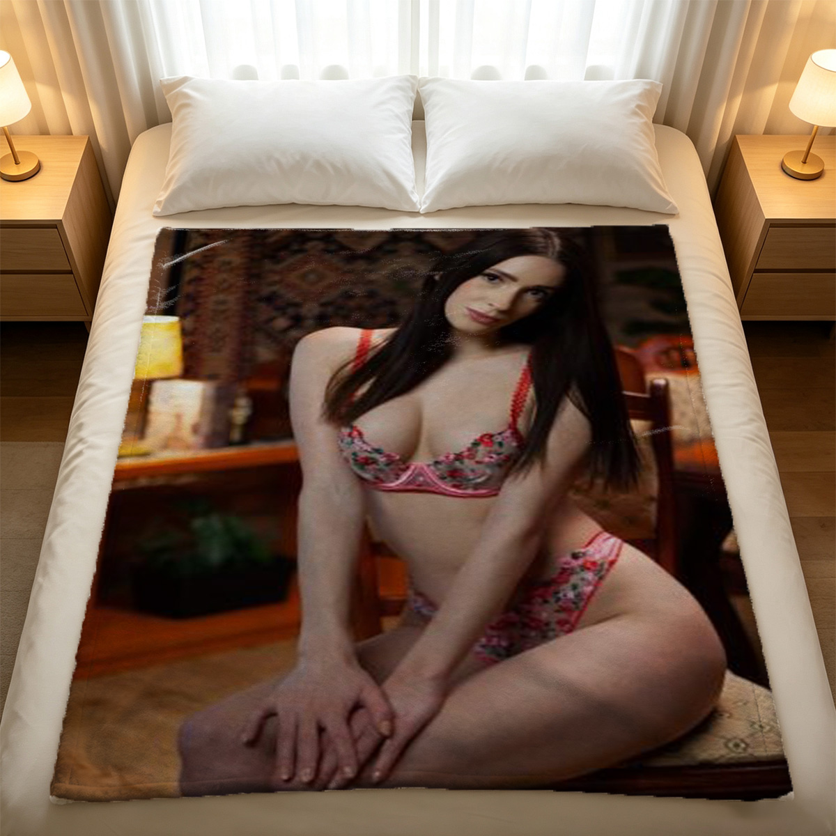 Pink Lingerie Seduction on White Bed - Blanket