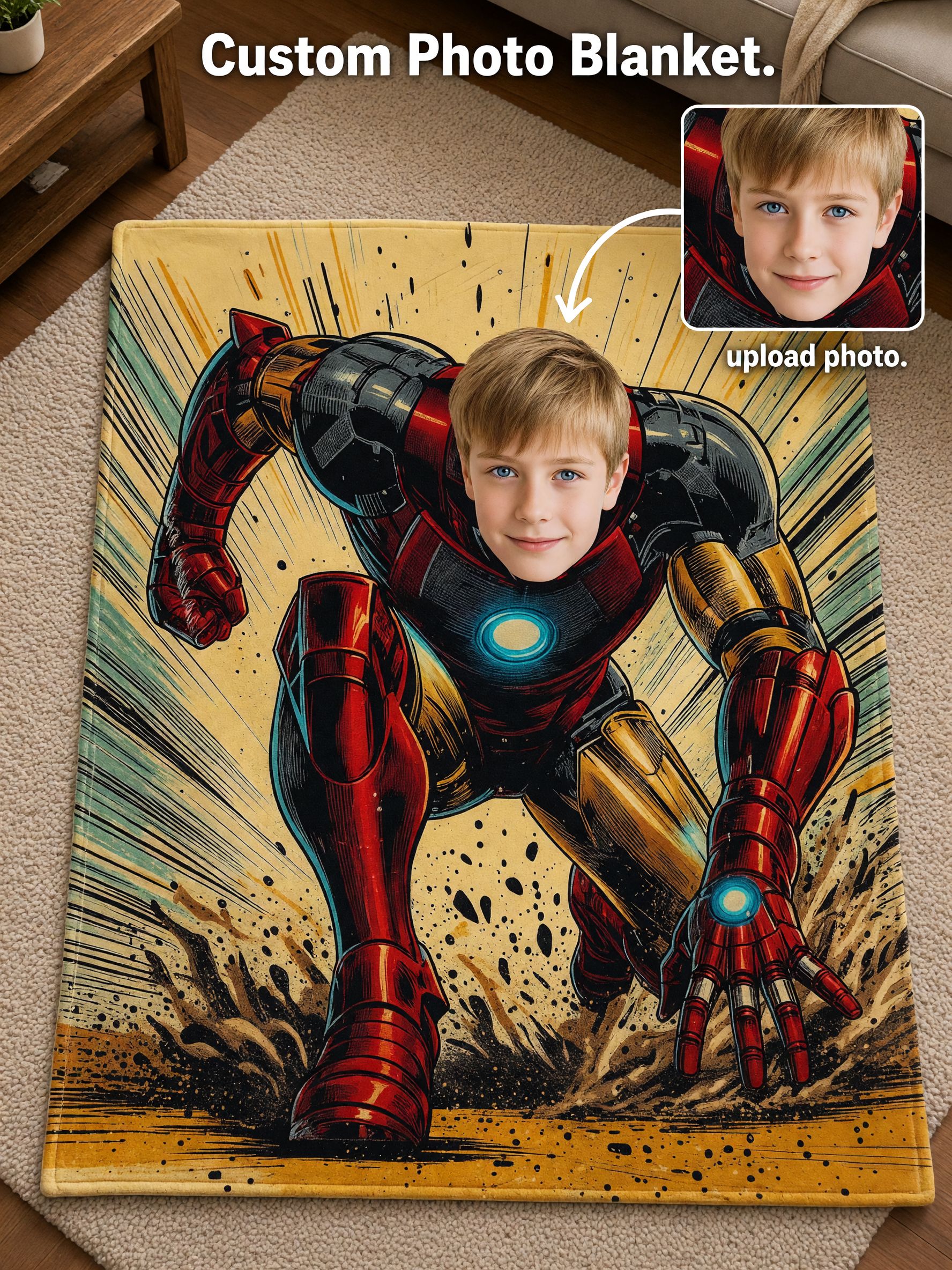 Custom Superhero Face Blanket, Personalized Comic Photo Flannel Fleece Throw, Ultra Soft Cozy Gift for Bed and Couch
