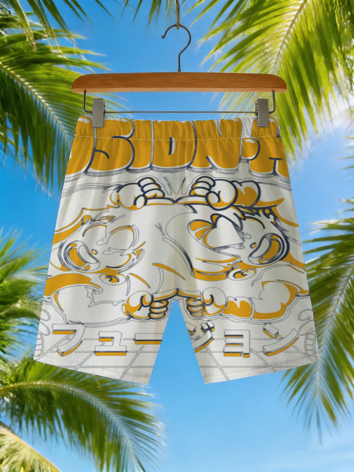 Fusion-Ha: Two Cartoon Characters in Dynamic Pose with Japanese Text and Palm Trees Background -  Beach shorts