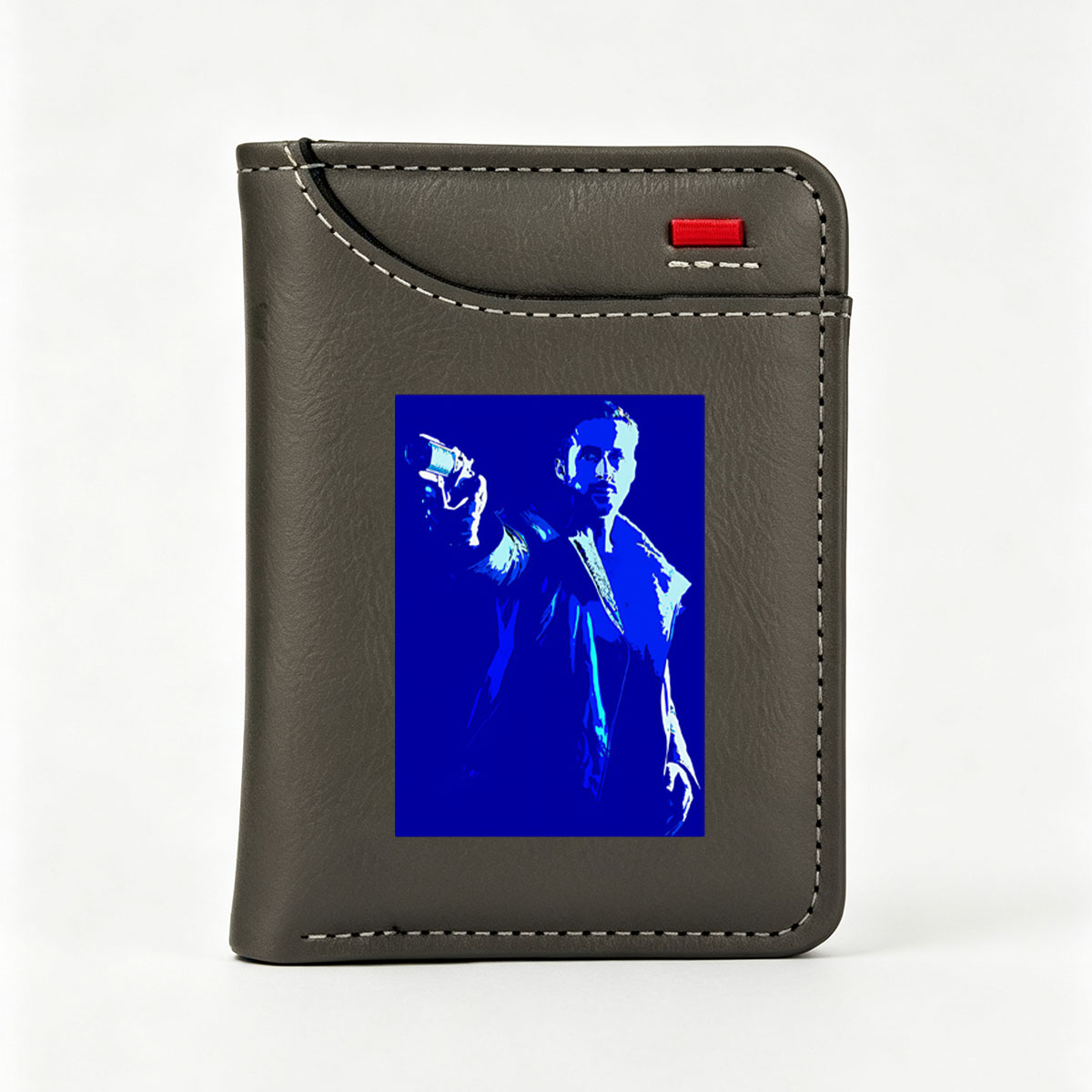 Ryan Gosling as Blade Runner in a blue-toned, stylized portrait holding a pistol. - Vertical Style Wallet