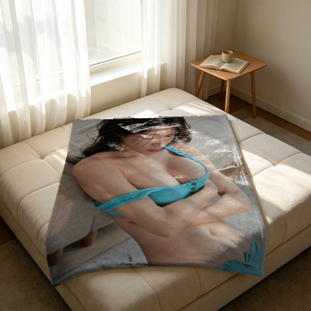 Nude woman with long curly hair posing in bedroom, back view. - Blanket