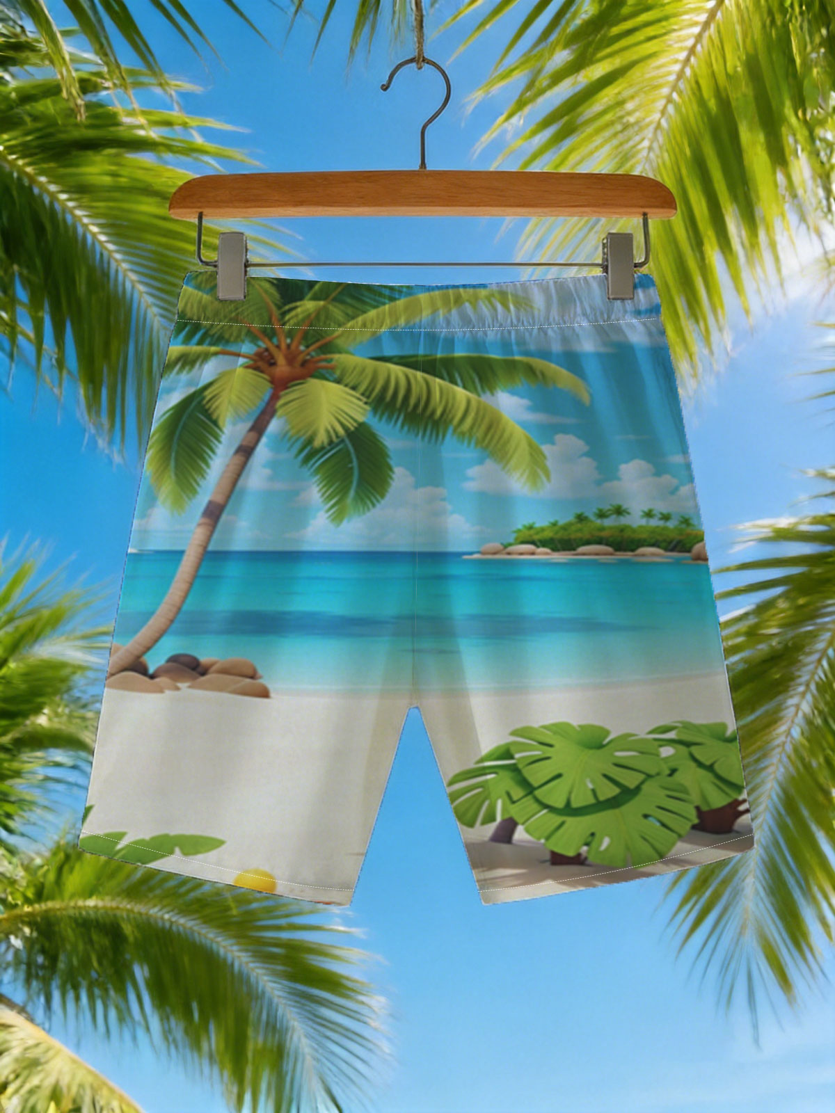 Tropical Beach with Palm Tree and Clear Blue Water -  Beach shorts