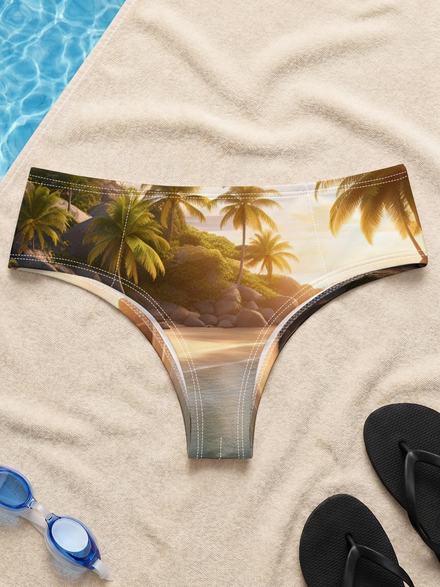 Serene Tropical Beach at Sunset with Palm Trees and Calm Waters -  Men's swim trunks