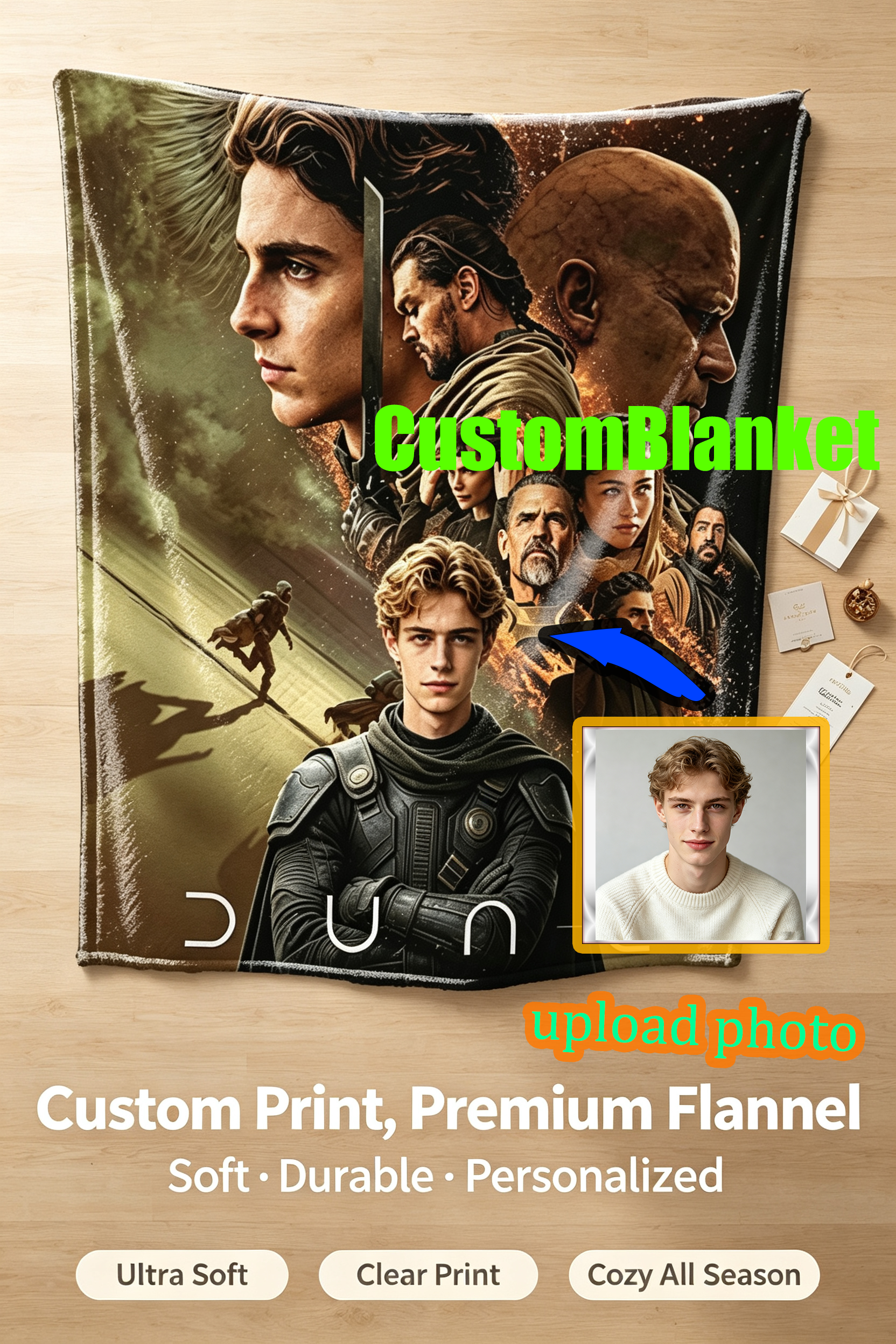 Custom Face Blanket Dune Movie Characters Flannel Blanket Perfect for Fans of Sci-Fi Films Cozy Bedding Gift for Men Women and Teens