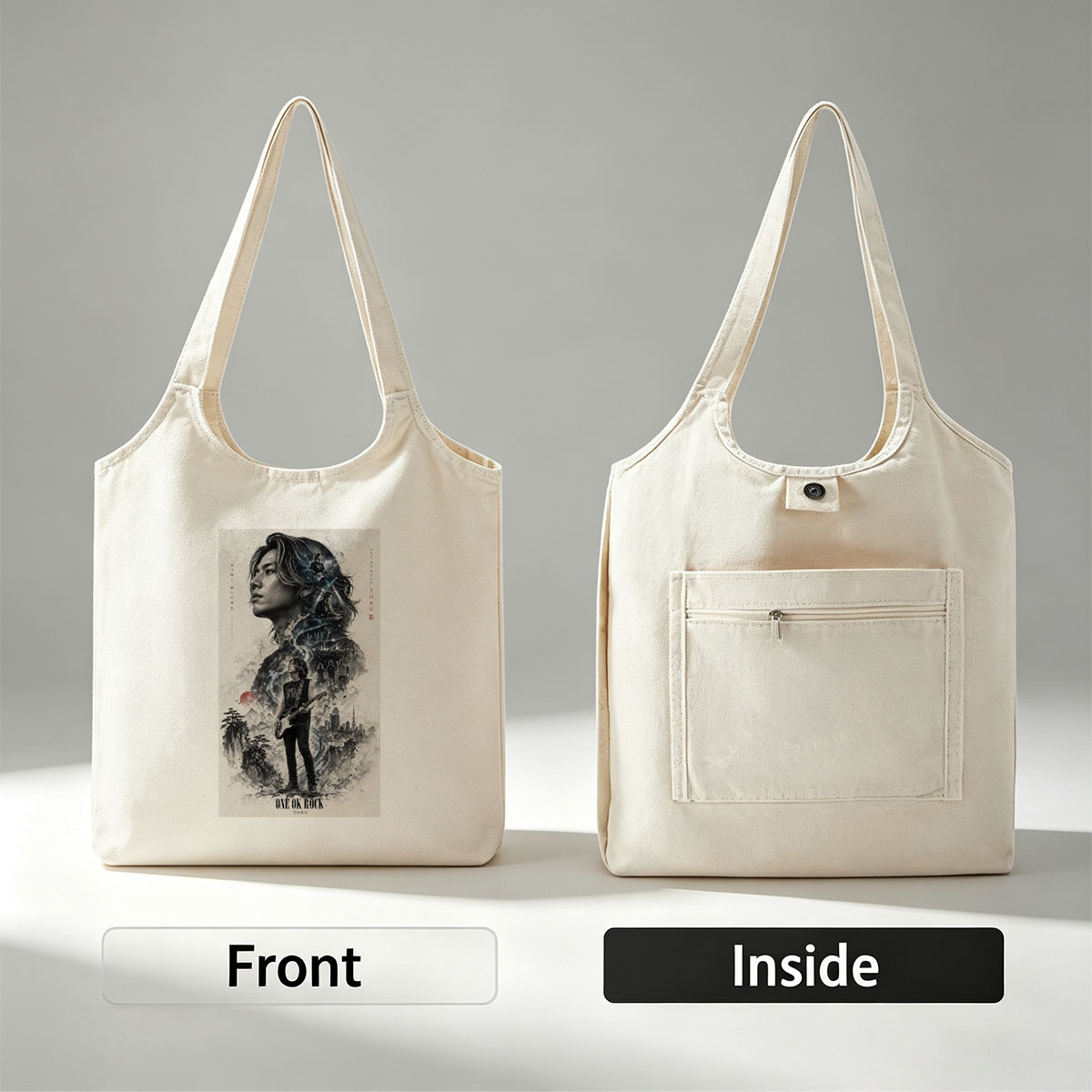 ONE OK ROCK TORU Live Performance Artwork Featuring Guitarist in Urban Landscape with Band Members and Cityscape Background - Canvas shoulder bags/