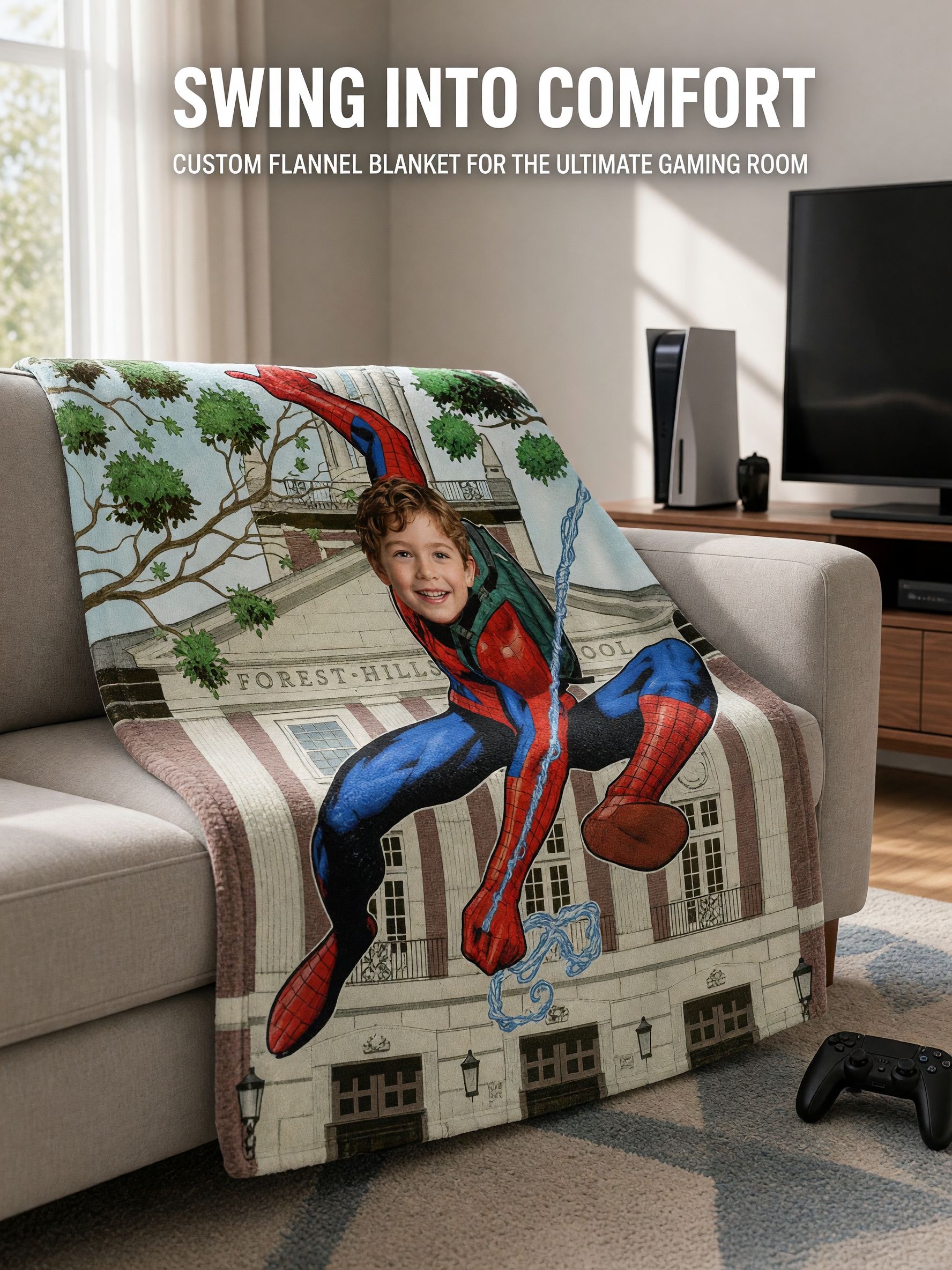 Custom Face Photo Superhero Flannel Blanket, Personalized Plush Throw for Kids and Boys, Cozy Gift for Couch and Bed