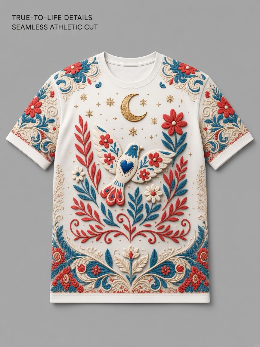 Folk Floral Dove 3D Optical Illusion Graphic Tee Breathable Athletic Mesh T-Shirt Casual and Sports Wear