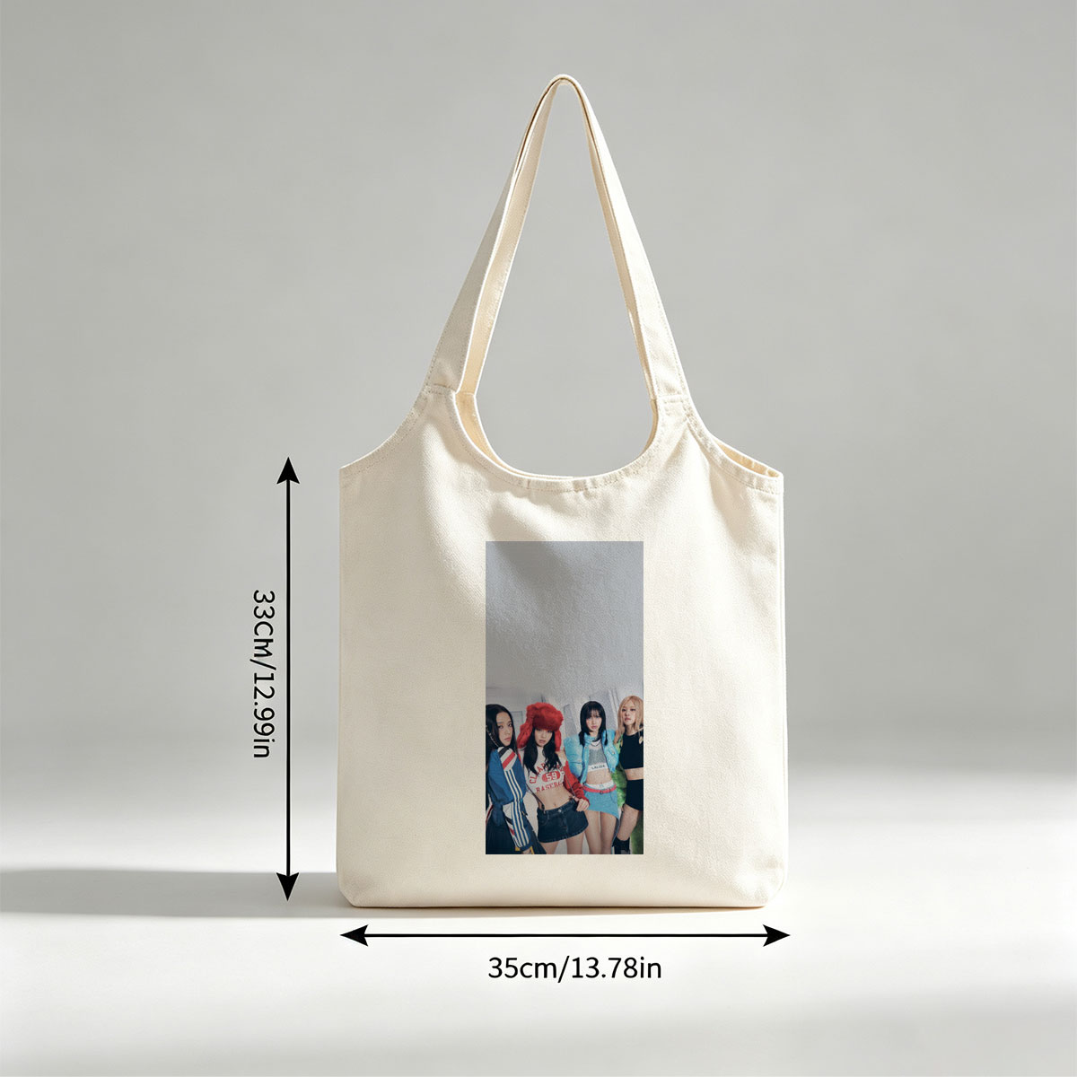 BLACKPINK in a stylish group photo wearing trendy outfits and posing confidently indoors - Canvas shoulder bags/