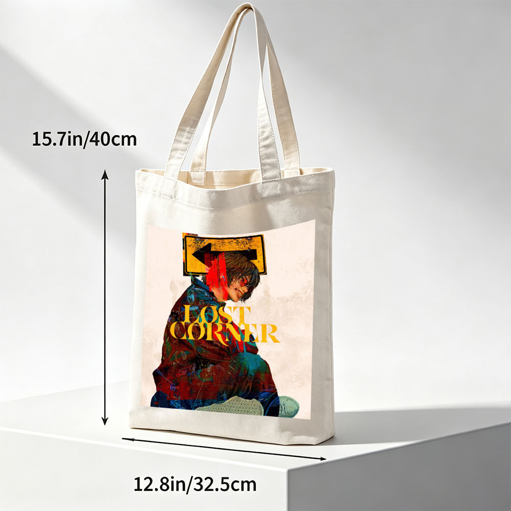 Lost Corner Band in Urban Scene with Graffiti-Style Art and Directional Sign - Canvas tote bags