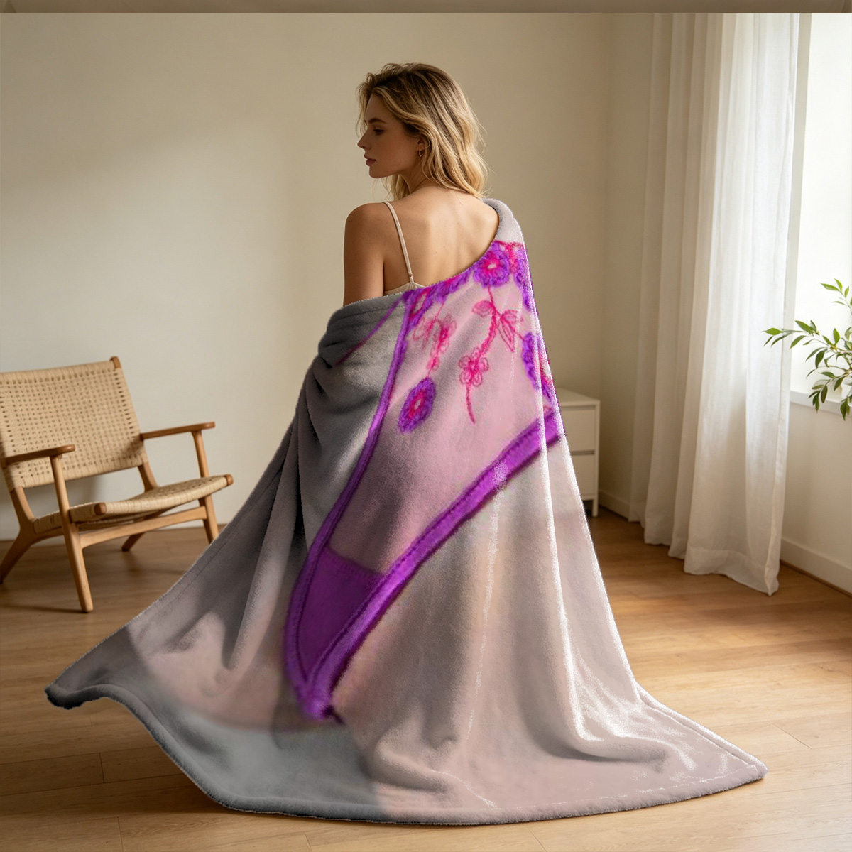 A woman in a purple lace cheongsam and black stockings lying on a white sofa. - Blanket