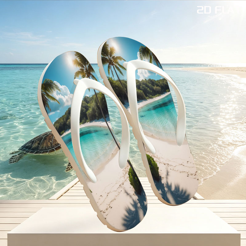Tropical Beach with Palm Trees and Crystal Clear Water -  flip-flops