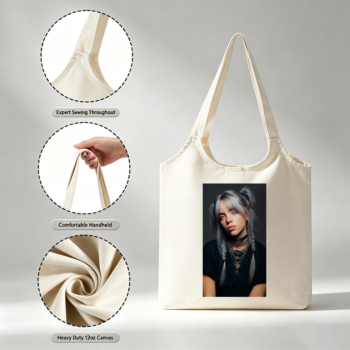 Billie Eilish in a striking portrait with silver hair styled in braids, wearing layered necklaces and a black top against a dark background. - Canvas shoulder bags/