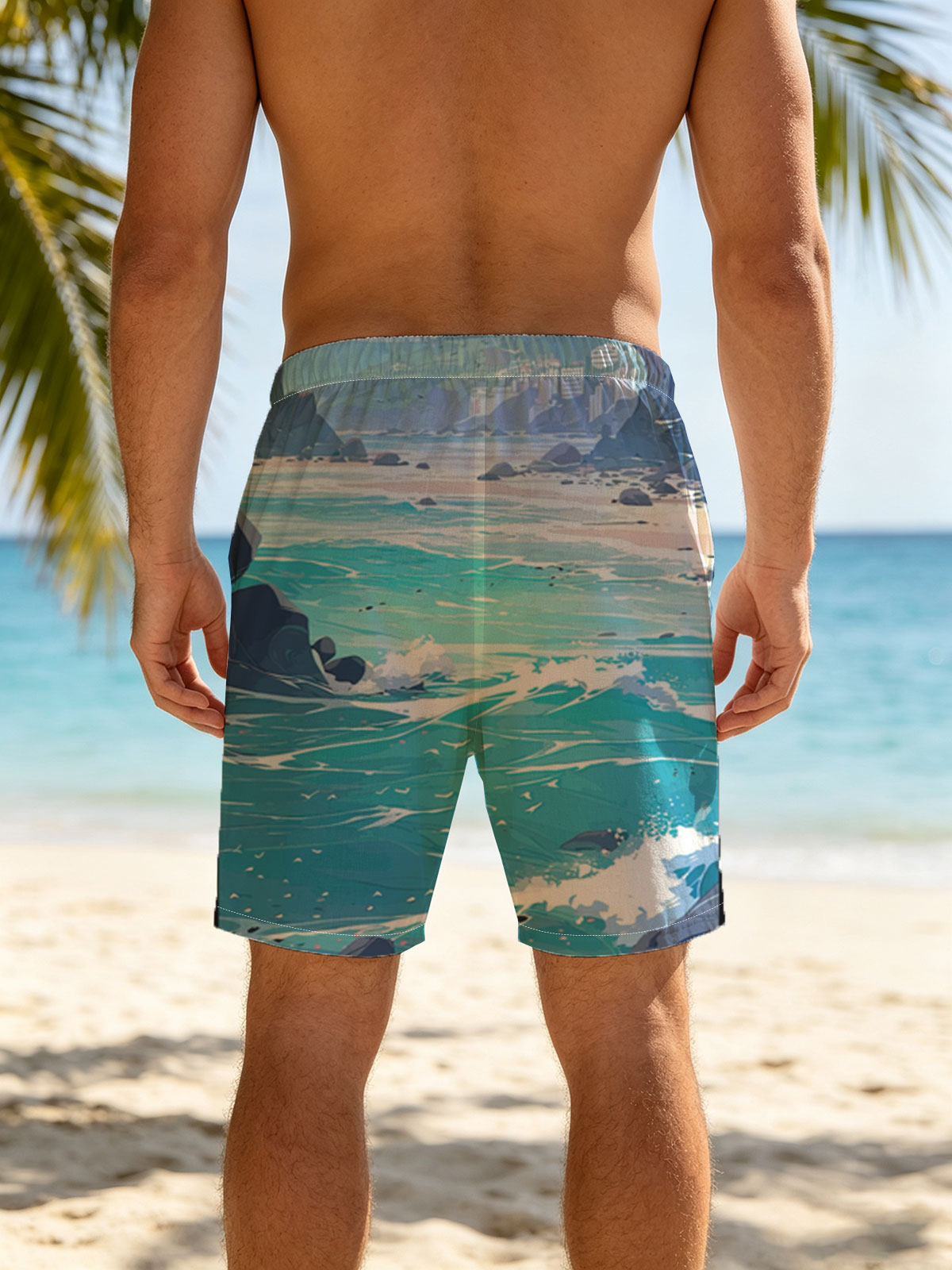 Turquoise waves crash on a rocky beach with distant city skyline and lush green hills under a bright sky. -  Beach shorts