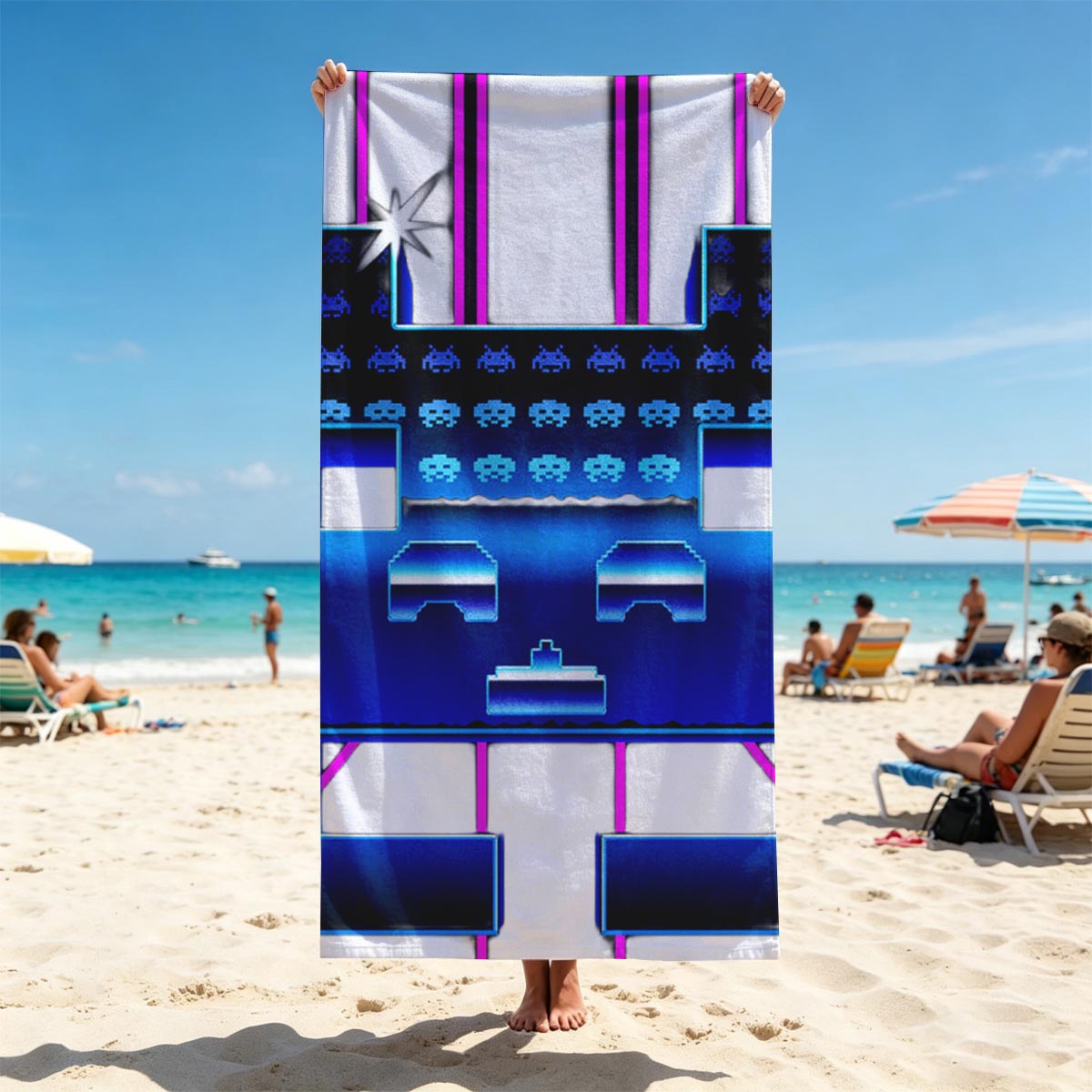 Space Invaders: Classic Arcade Game with Pixel Aliens and Neon Platforms - Beach towels