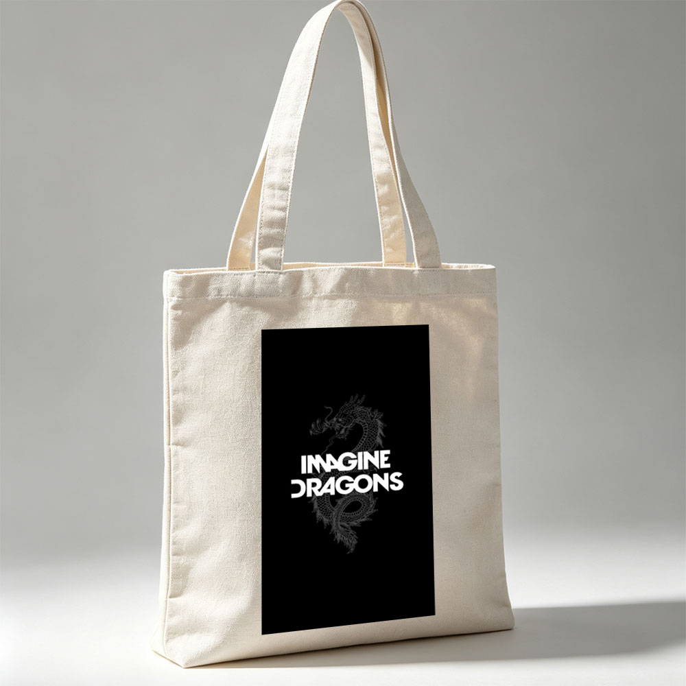 Imagine Dragons Band Logo with Dragon Art on Black Background - Canvas tote bags
