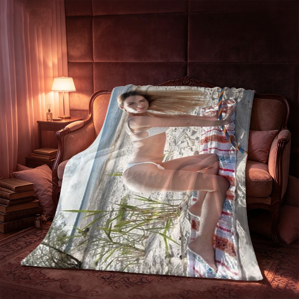 Melanie in black sheer lingerie on bed - Blanket