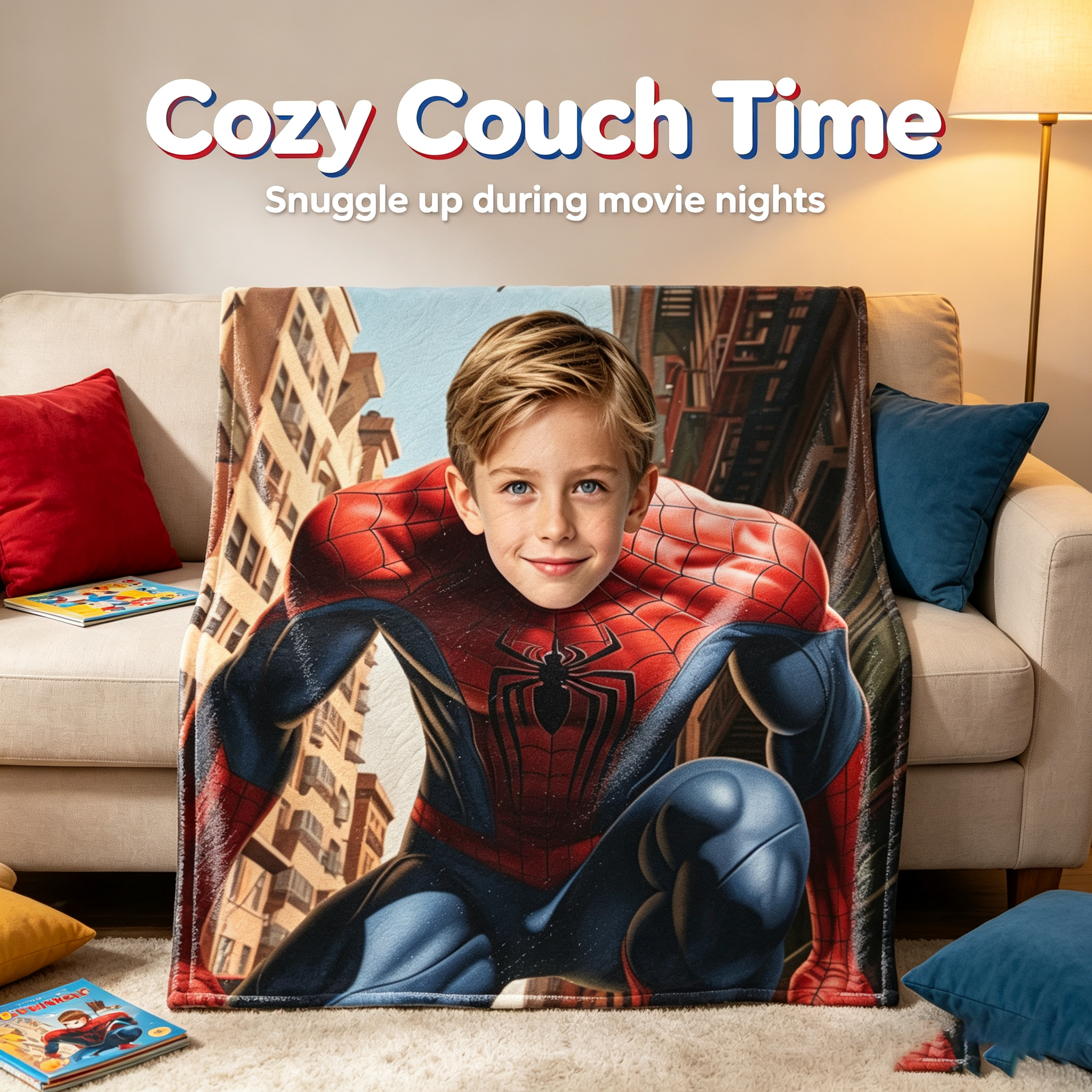Custom Spider Man Photo Flannel Blanket Personalized Superhero City Background Throw Blanket For Kids Boys Birthday Gift