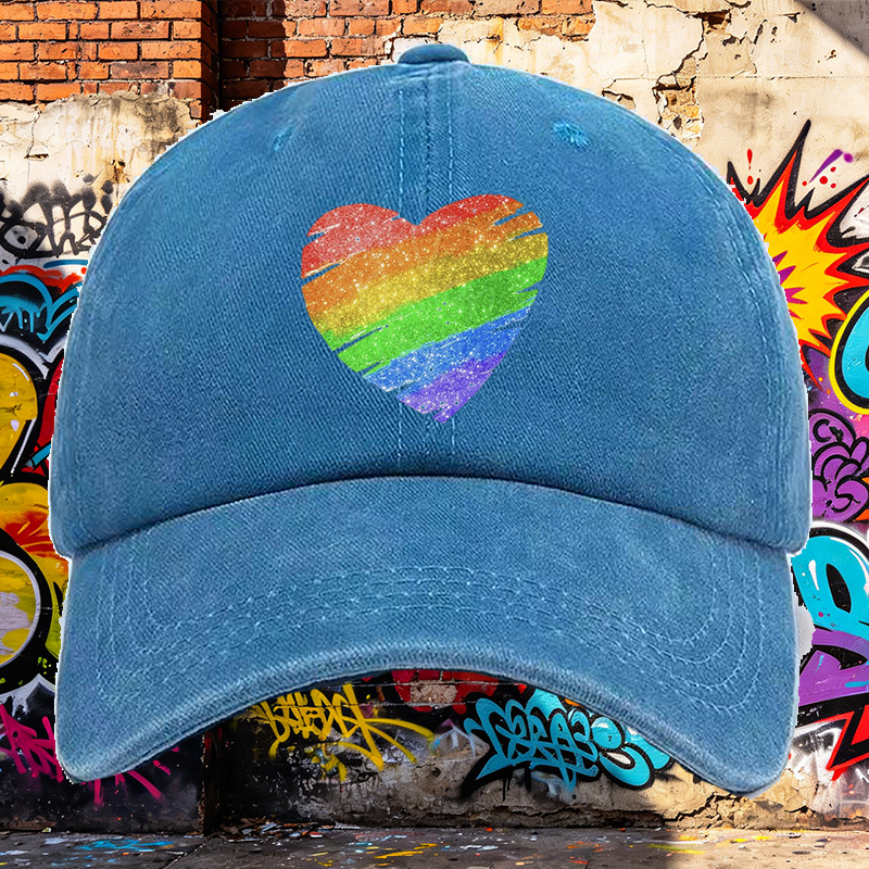 Men's Rainbow Heart Print Washed Cap Casual Round Brim Summer Lightweight Hat for Outdoor Activities and Pride Events Adults Unisex Fashion Accessory