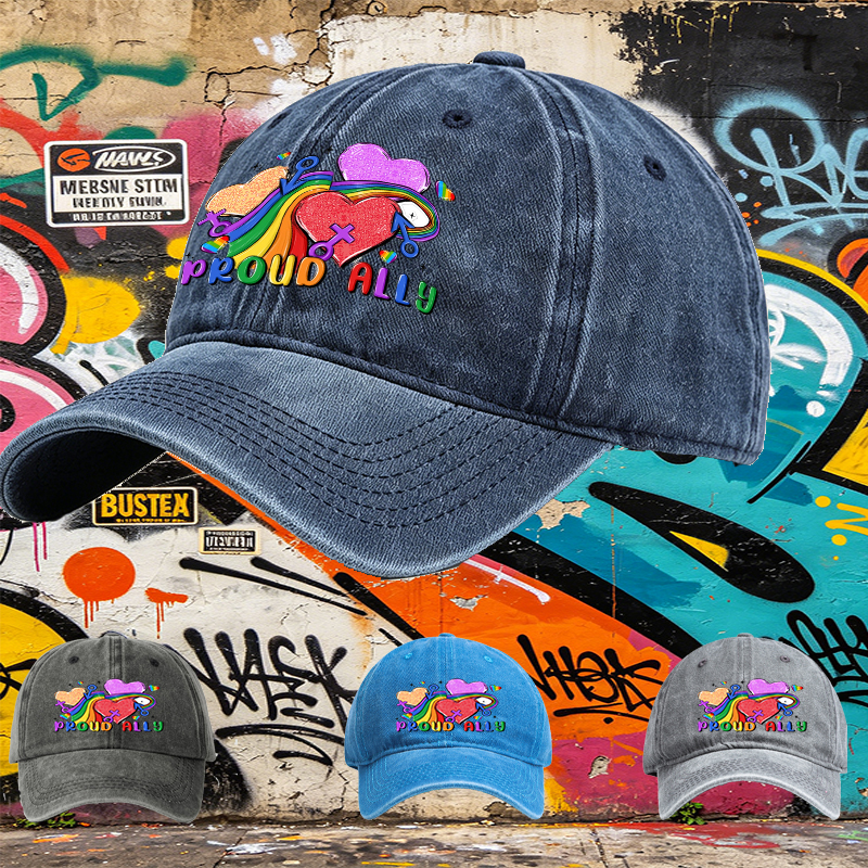 Unisex Classic Washed Cap with Rainbow Hearts and 