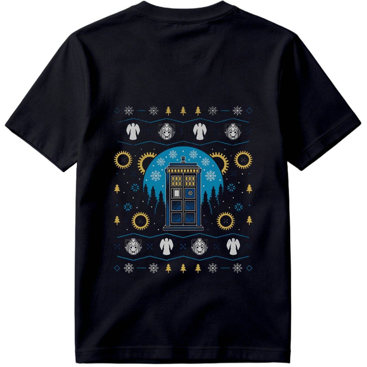Doctor Who Christmas Sweater Design Featuring TARDIS, Weeping Angels, and Cybermen - Tee