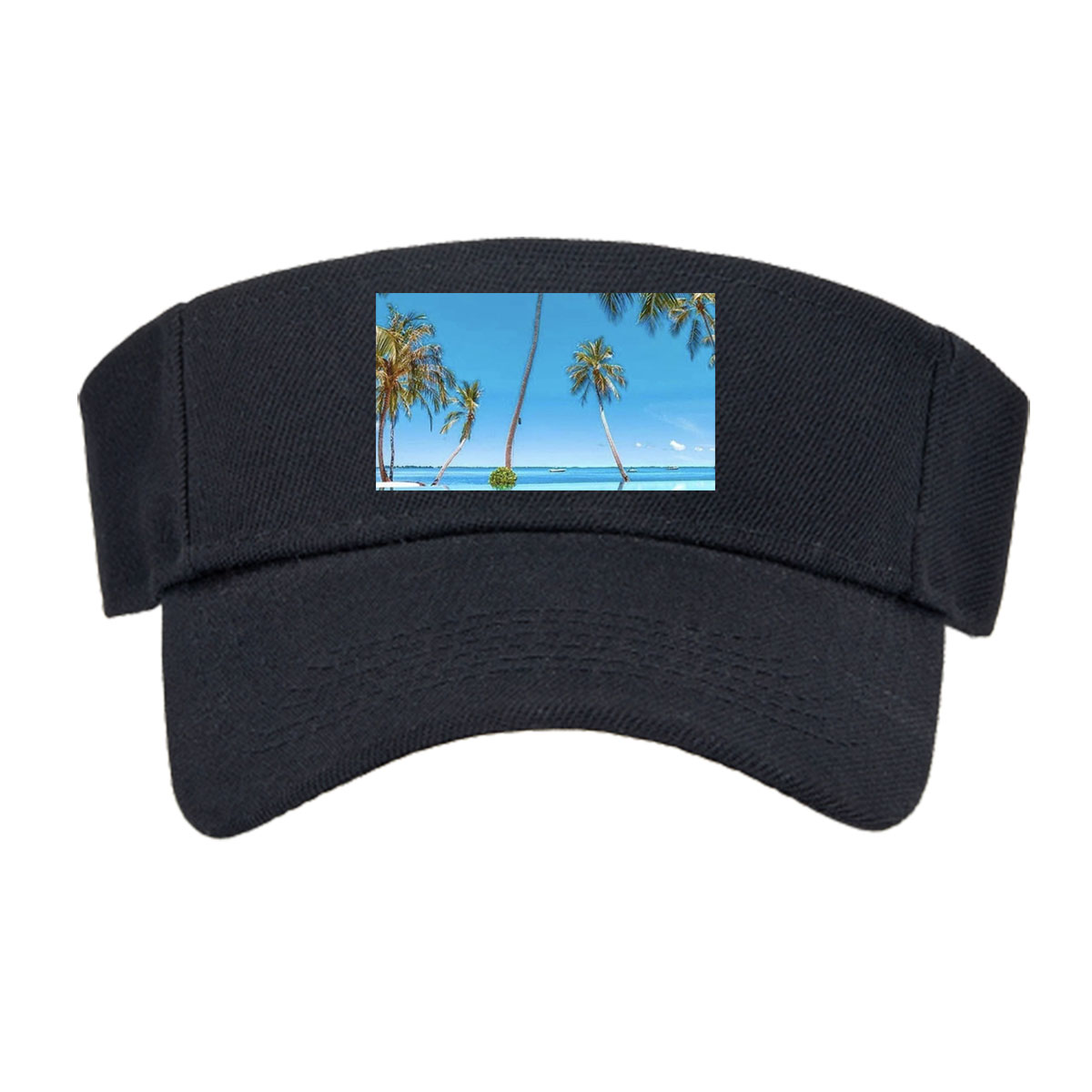 Tropical palm trees reflected in crystal-clear infinity pool under a vibrant blue sky. -  Visor cap