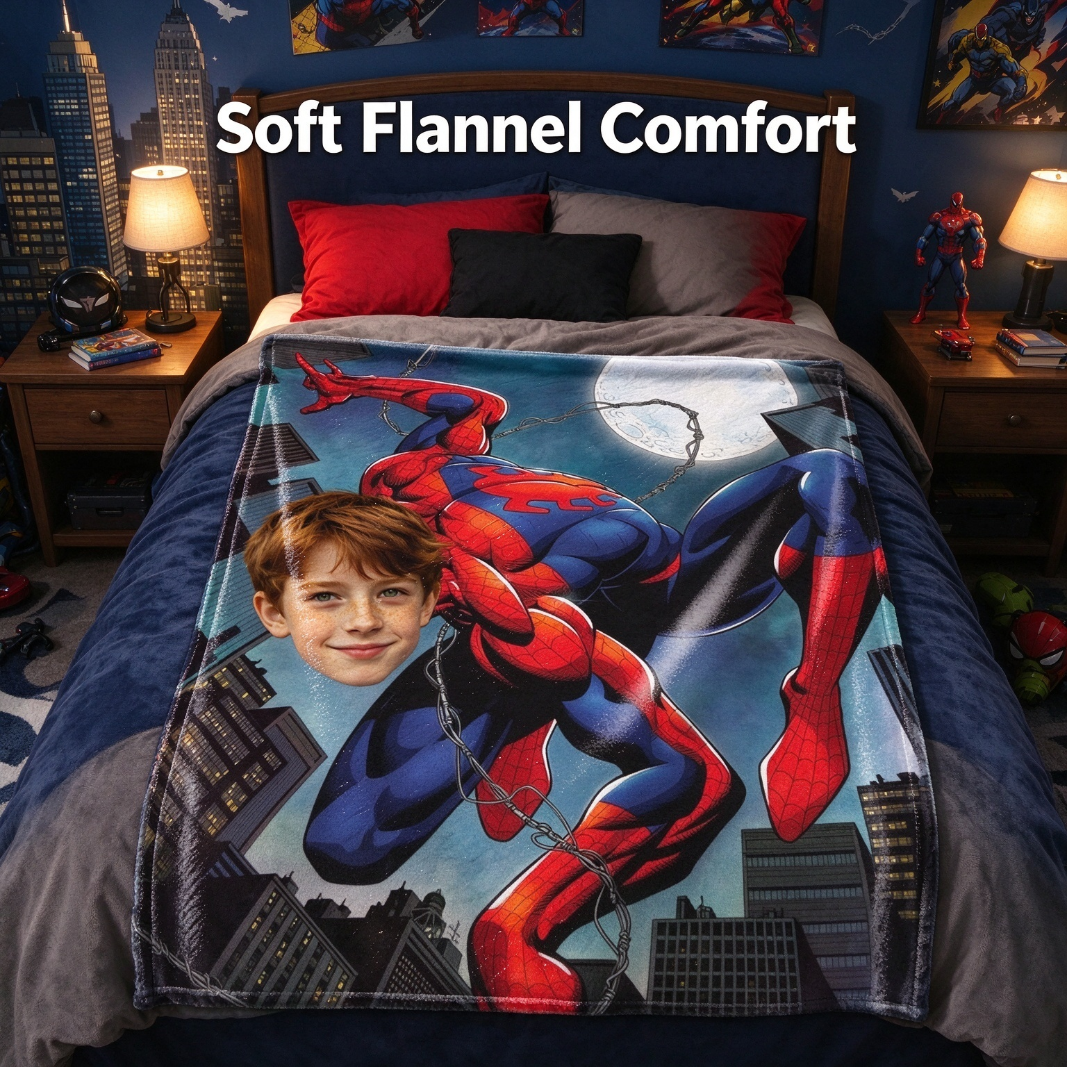 Custom Face Superhero Flannel Blanket, Personalized Photo Plush Throw for Kids and Adults, Unique Birthday Gift