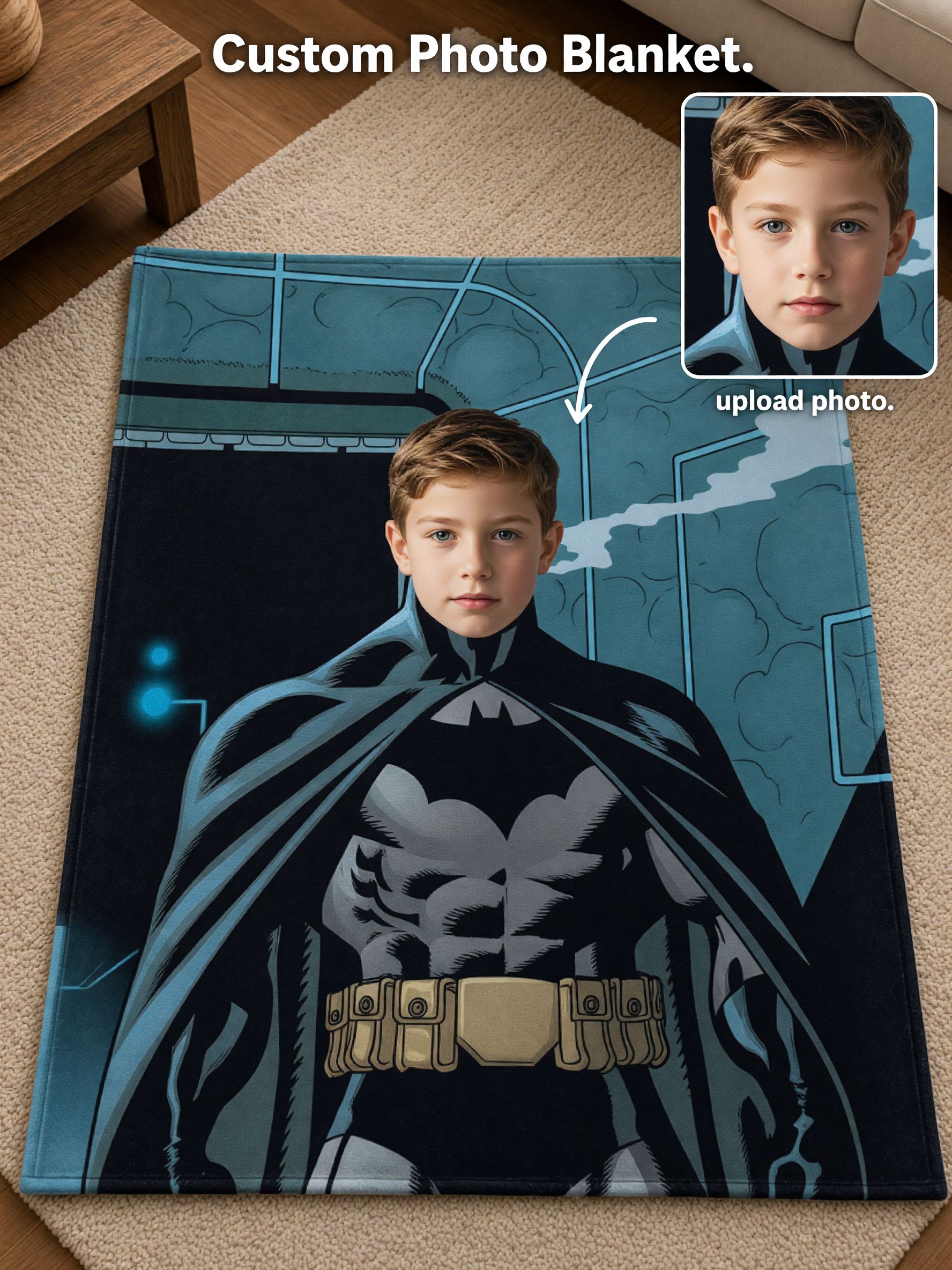 Custom Photo Face Flannel Blanket with Comic Superhero Design Soft Cozy Personalized Avatar Throw Gift for Boys and