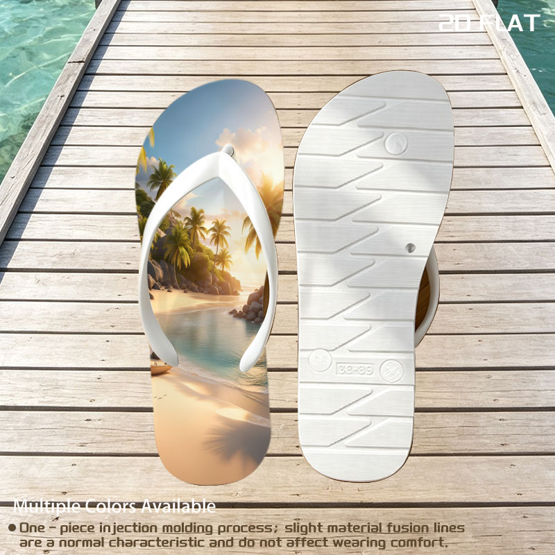 Serene Tropical Beach at Sunset with Palm Trees and Calm Waters -  flip-flops