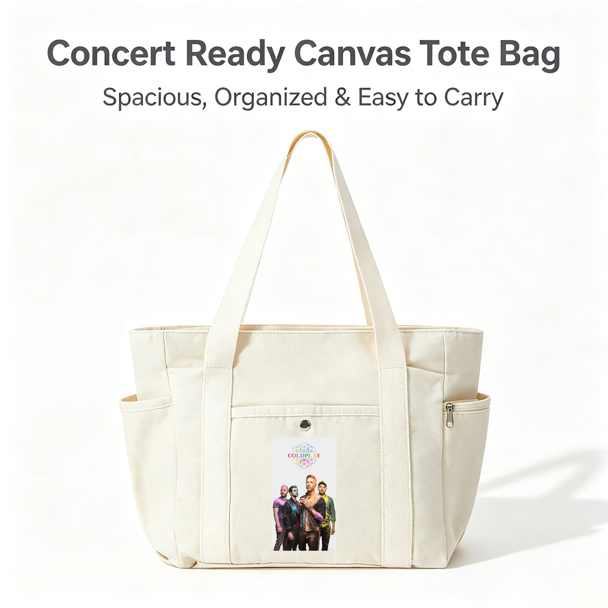 Coldplay Band Members in Colorful Painted Outfits Standing Together with Rainbow Logo Above - Multi-pocket bags