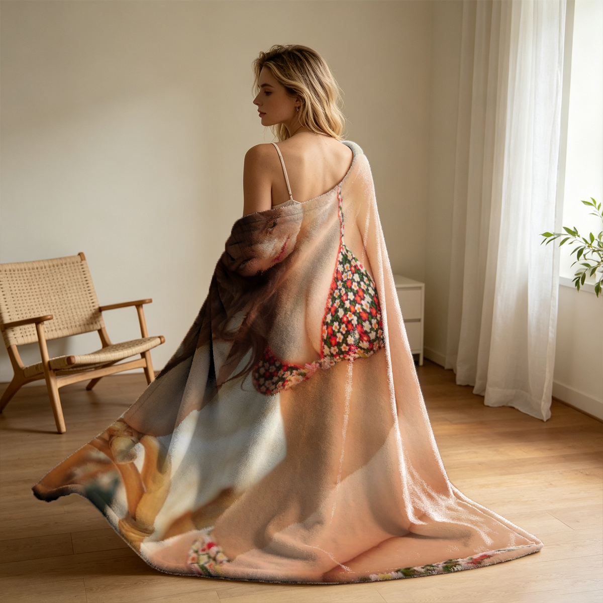 Two Models in Lingerie on Couch: Elsa Hosk in Pink Skirt and Lily Aldridge in White Lace Lingerie - Blanket