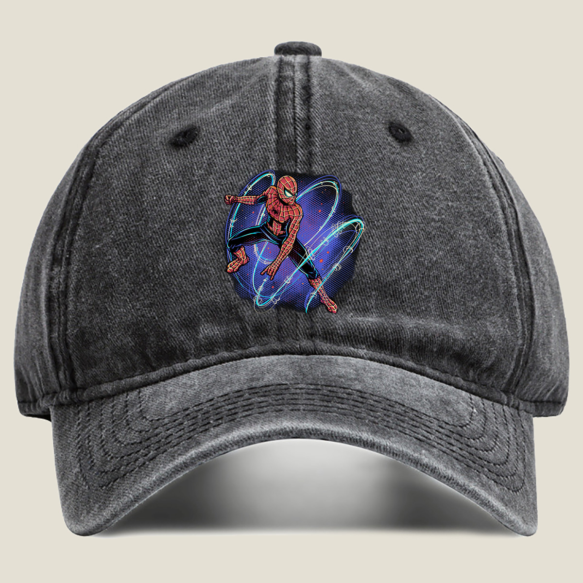 Spider-Man in Action with Dynamic Web Swirls - Washed Denim - Baseball Cap