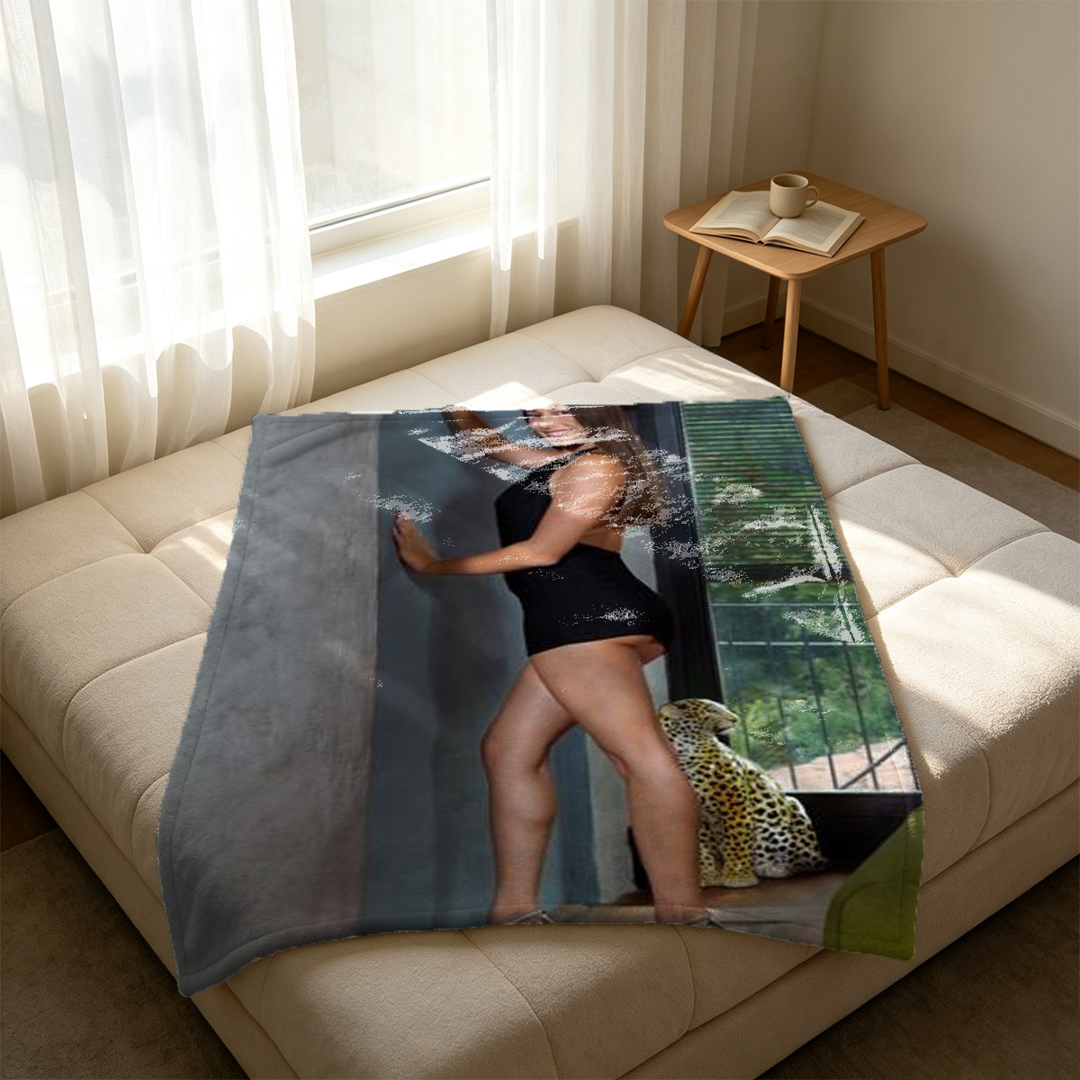 Two Blonde Women in Pink Lingerie Embracing on a Balcony - Blanket
