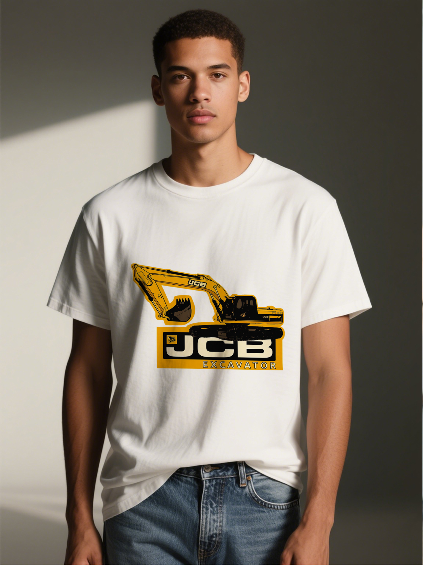 Men's JCB Excavator Print T-Shirt with Bold Construction Equipment Graphic and Logo - Casual Round Neck Lightweight Breathable Summer Short Sleeve Tee for Outdoor Work, Construction Fans, and Heavy Machinery Enthusiasts